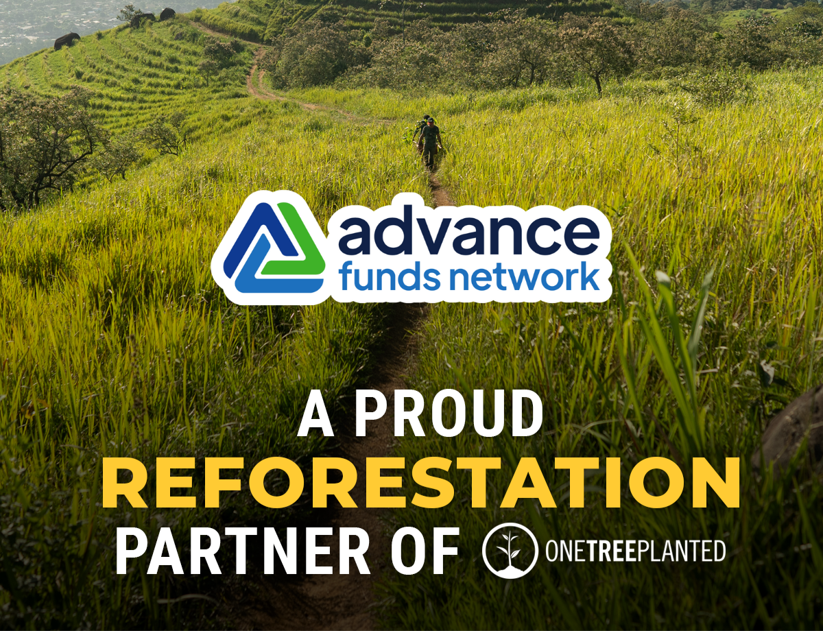 Advance Funds Network logo with text highlighting their partnership with One Tree Planted for reforestation efforts.