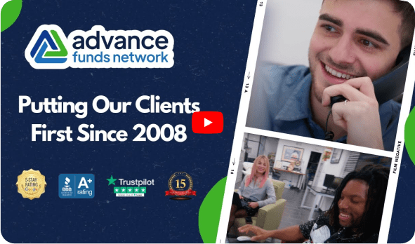 Advance Funds Network logo with happy clients, showcasing quick financial solutions and client-first service since 2008.