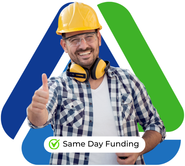 Smiling construction worker with hard hat and headphones promoting same day equipment financing solutions.