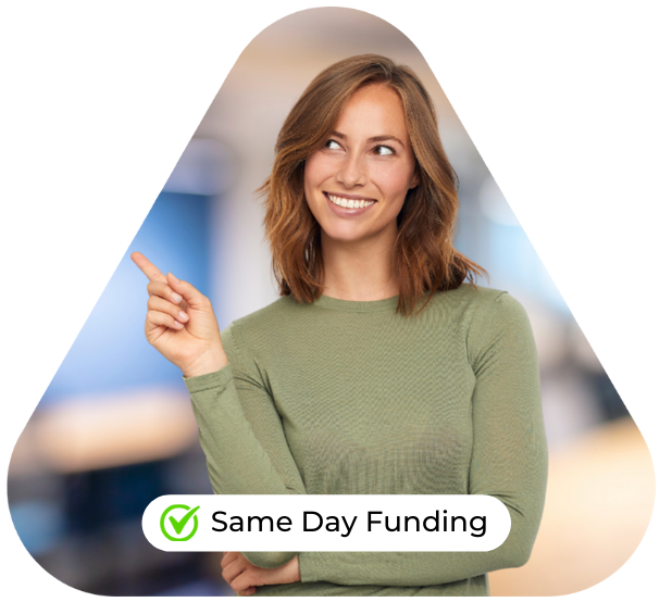 Smiling woman promoting same day funding for fast and flexible business loan solutions.