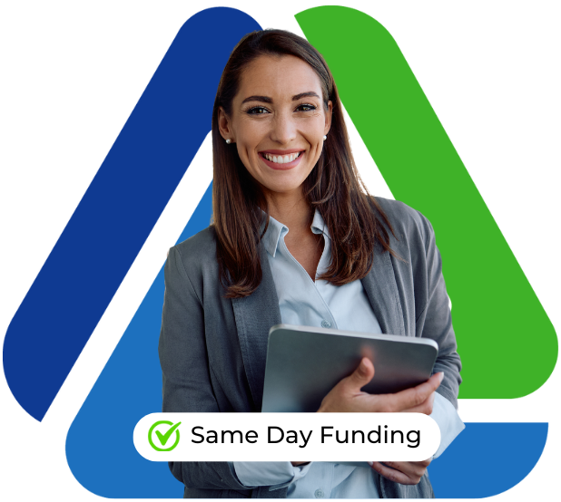 Business professional smiling with a tablet, promoting same day funding for debt consolidation loans.