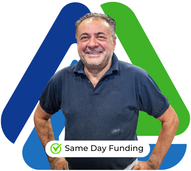 Smiling man promoting same day funding for merchant cash advances, emphasizing fast and flexible business financing solutions.