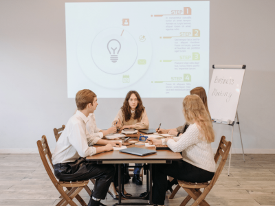 Business meeting discussing effective marketing strategies with a presentation on growth steps and ROI analysis.