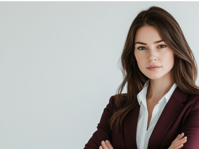 Professional woman in a suit, representing small business loan candidacy and financial success tips.