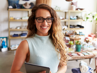 Professional woman in a safe office environment, promoting workplace safety and employee productivity.