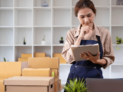 Small business owner managing inventory and finances, exploring options for tax liabilities with a business line of credit.