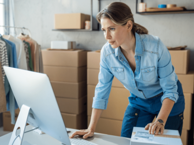 Woman managing business finances with a computer in a retail space, highlighting unsecured credit line benefits.