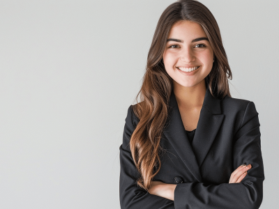 Smiling businesswoman in a suit, representing small business blogging and marketing strategies for entrepreneurs.