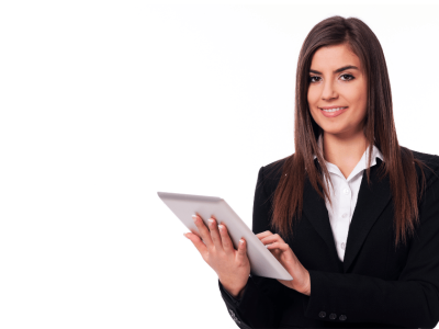 Professional woman in a suit holding a tablet, representing effective email marketing strategies for business engagement.