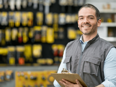 Smiling business owner in a hardware store, showcasing tools and equipment, promoting business cash advances and funding solutions.