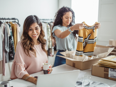 Two businesswomen discussing innovative cash advance solutions in a modern office setting.