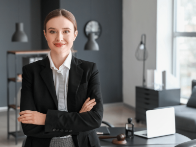 Professional woman in business attire in a modern office, representing small business operations and the Affordable Care Act impacts.