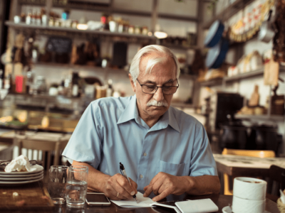Senior man reviewing financial documents in a cafe, considering an unsecured line of credit for business needs.