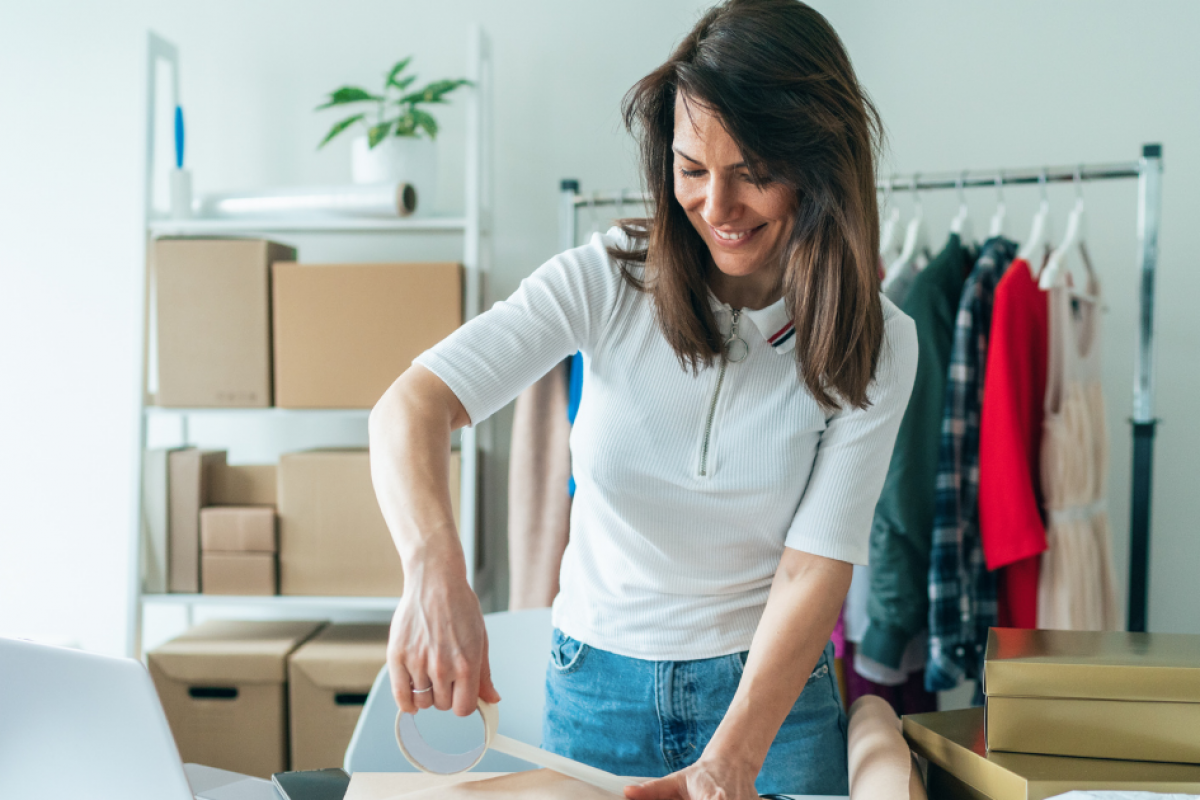 Woman packaging products in a small manufacturing business, highlighting the benefits of manufacturing and funding solutions.