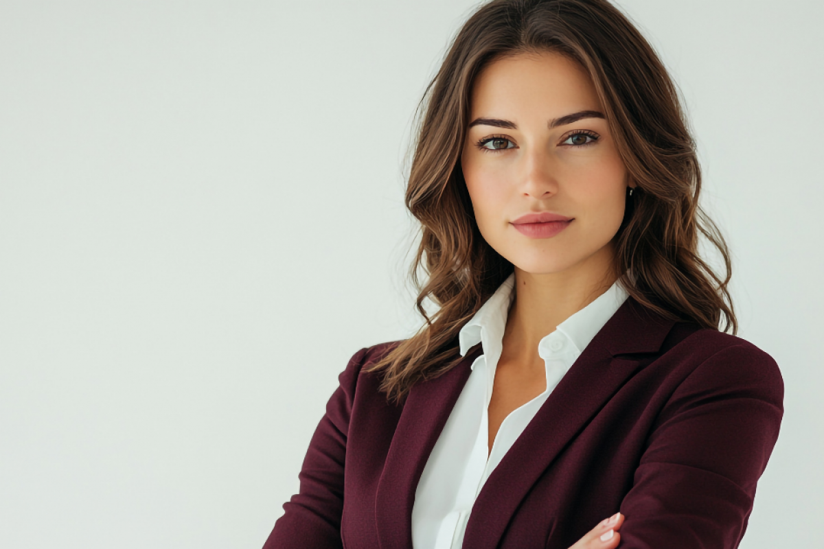 Professional woman in a suit, representing small business success and holiday season preparation strategies.