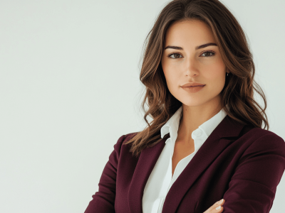 Professional woman in a suit, representing small business success and holiday season preparation strategies.