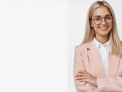 Professional woman smiling in a striped blazer, representing modern consumer shopping habits influenced by smartphones.