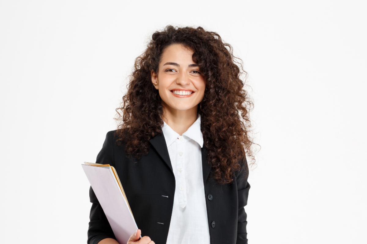 Smiling businesswoman holding documents, representing growth opportunities for small businesses in online shopping.