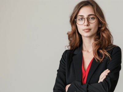 Professional woman in a blazer promoting employee motivation and stress reduction strategies in the workplace.