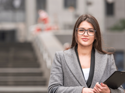 Professional woman holding a clipboard, embodying key traits of a great worker in a dynamic work environment.
