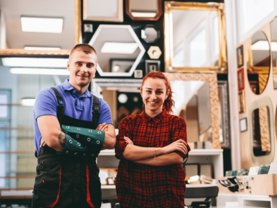 Small business owners in a frame shop smiling, representing essential tax deadlines and financial planning.