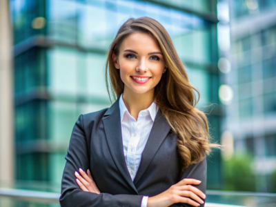 Professional woman in business attire smiling confidently, representing key factors in business success and financial management.