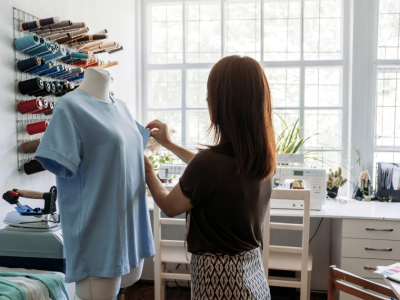 Woman adjusting a blue shirt on a mannequin in a home office, showcasing small business tax deductions and workspace.