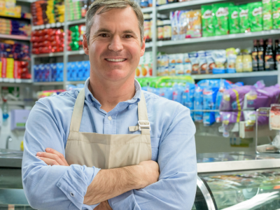 Smiling grocery store owner in apron, showcasing leadership and customer service skills in a vibrant retail environment.