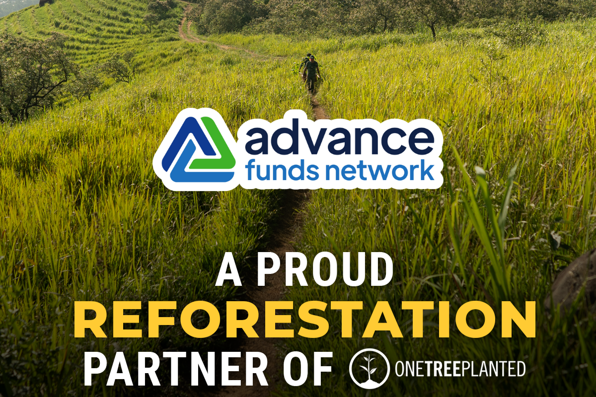 Advance Funds Network logo with text highlighting their partnership with One Tree Planted for reforestation efforts.