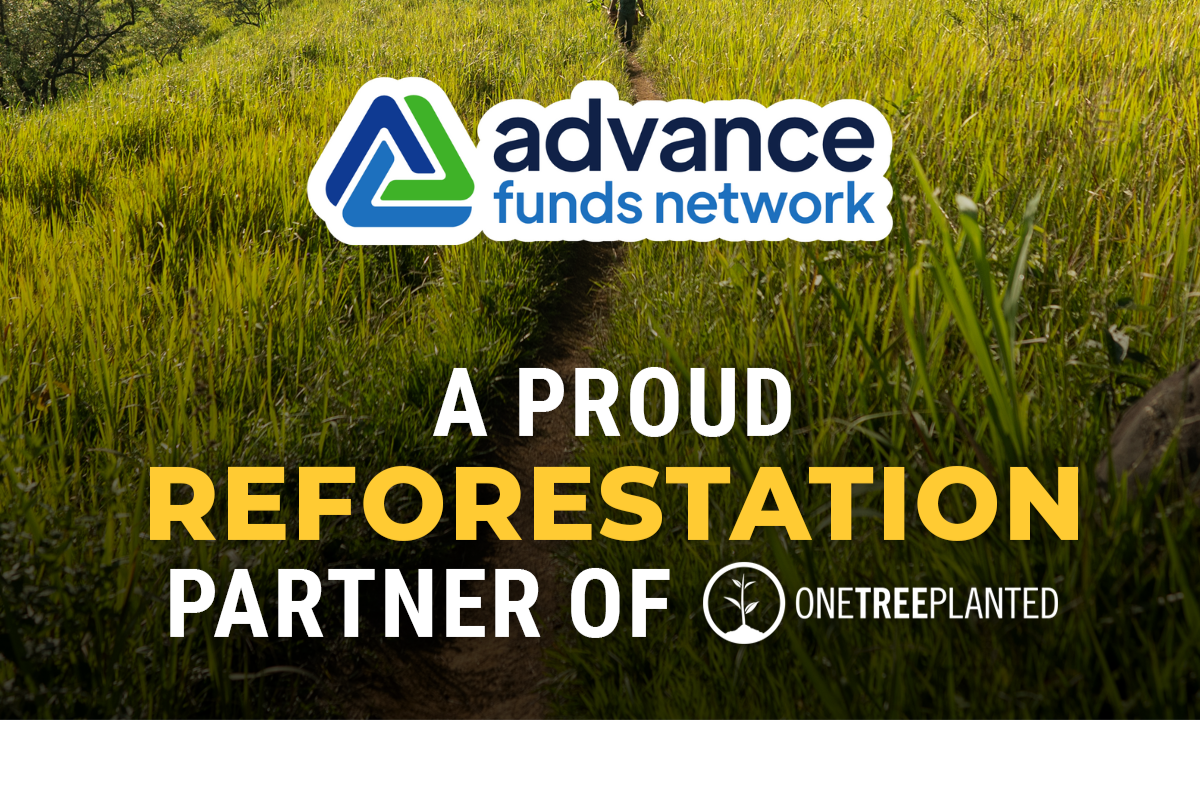 Advance Funds Network logo with text highlighting their partnership with One Tree Planted for reforestation efforts.