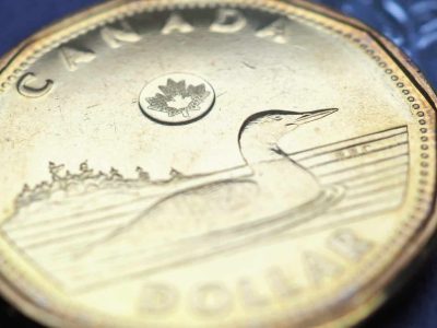 1 Canadian dollar. Fragment of textured coin. Horizontal stories about economy or finance. Coins and money change of Canada. News about banks and currency. Macro