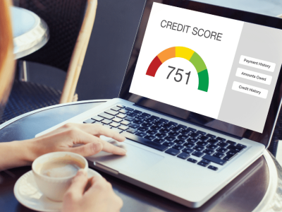 Business credit score monitoring on laptop, showing a score of 751 with key factors like payment history and amounts owed.