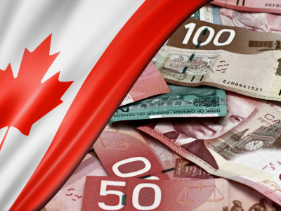 Canadian flag with various banknotes symbolizing growth in the alternative finance market and investment opportunities.