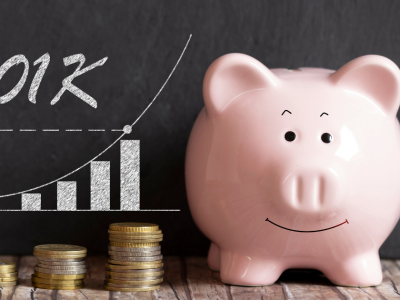 Piggy bank with 401K growth chart and coins, symbolizing business financing options over retirement savings.