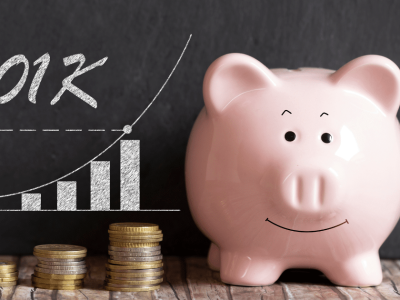 Piggy bank with 401K growth chart and coins, symbolizing business financing options over retirement savings.
